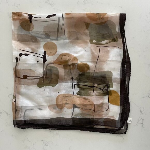 100% Silk Abstract Print Sheer Satin Stripe Fall Colors Cream Brn Tan Green OS - Picture 7 of 8